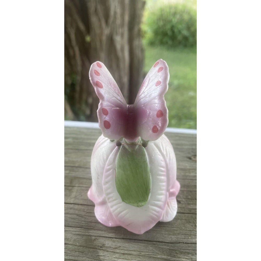 Lefton Vintage Porcelain Bell Purple Butterfly On Tulip Flower Hand Painted